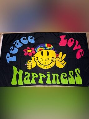Smiley Face Peace Graphic Beach Towel - Black with Yellow & Neon Accents